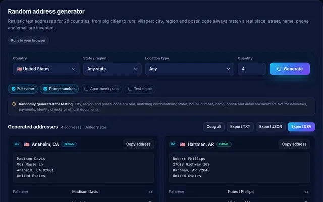 InMerch random address generator showing matching city, state and ZIP code for generated US addresses