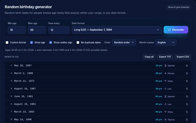 InMerch random birthday generator listing birth dates with age and zodiac sign for an 18 to 65 age range