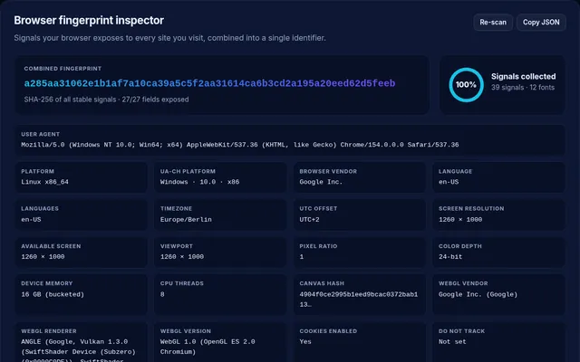 InMerch Fingerprint Inspector showing a combined SHA-256 fingerprint and collected browser signals