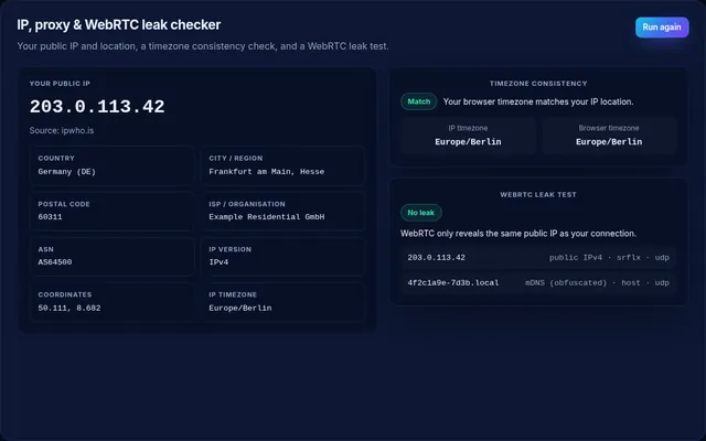 InMerch IP and WebRTC leak monitor with timezone consistency results
