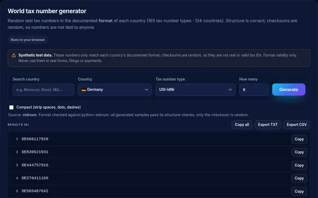 InMerch world tax number generator listing synthetic German VAT numbers in the documented format