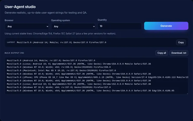 InMerch User-Agent Studio generating a batch of current browser user agents